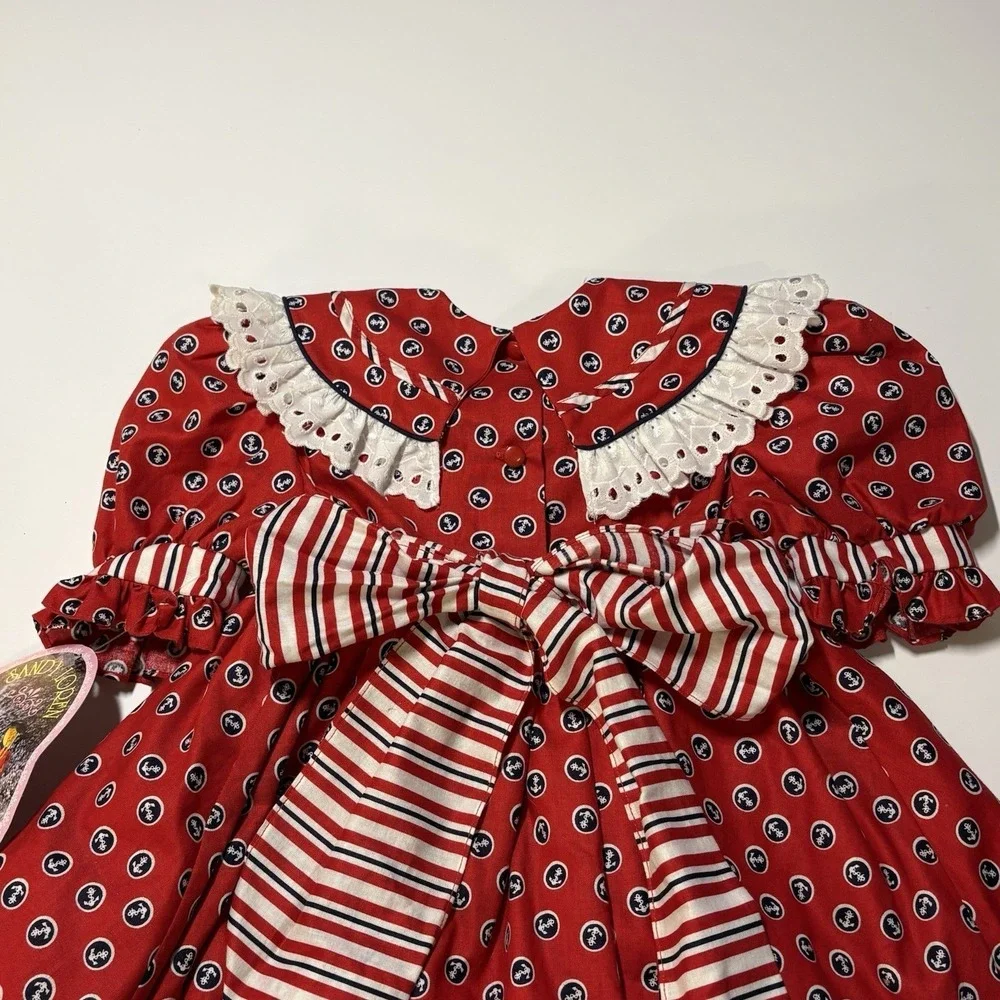 Girls Red Polka Dot Cotton Dress with Navy Bow